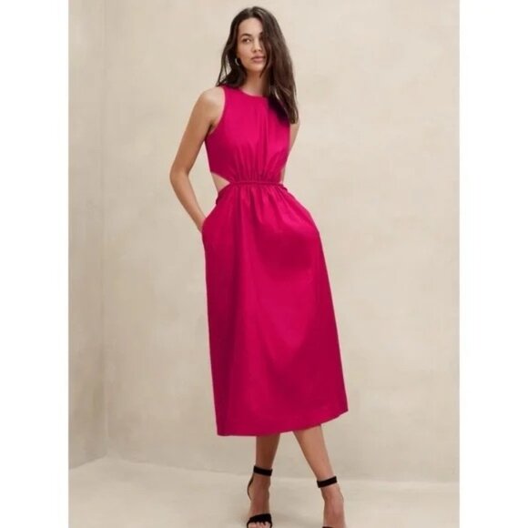 Banana Republic Linen Cut Out Midi Dress Maui Rose Sleeveless Fit and Flare 4 - Picture 1 of 8